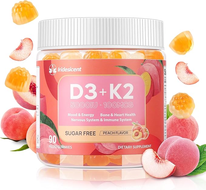 Vitamin D3 K2 Gummies w/Magnesium Sugar Free - 90 Count | D3 Vitamin 5,000 IU + K2(MK-7) 100 mcg - Vegan K2 D3 Vitamin Supplement, Highly Absorbent Supports Bone, Muscle, Mood & Immune(Peach Flavor)