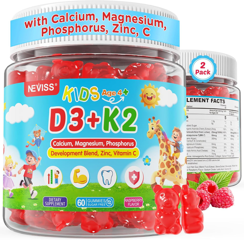 Vitamin D3 K2 Gummies for Kids + Calcium, Magnesium, Zinc, Phosphorus, Vitamin C, Kids Multivitamin D3 & K2 Supplement for Bone Health, Calcium Absorption, Focus & Immunity, Non GMO, Sugar Free, 2Pack