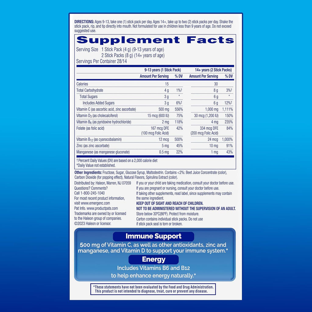 Emergen-C Immune Plus Crystals, On-The-Go Immune Support Supplement with Vitamin C, Vitamin D, B Vitamins, Zinc and Manganese, Berry Lemonade, Back to School Essentials - 28 Stick Packs