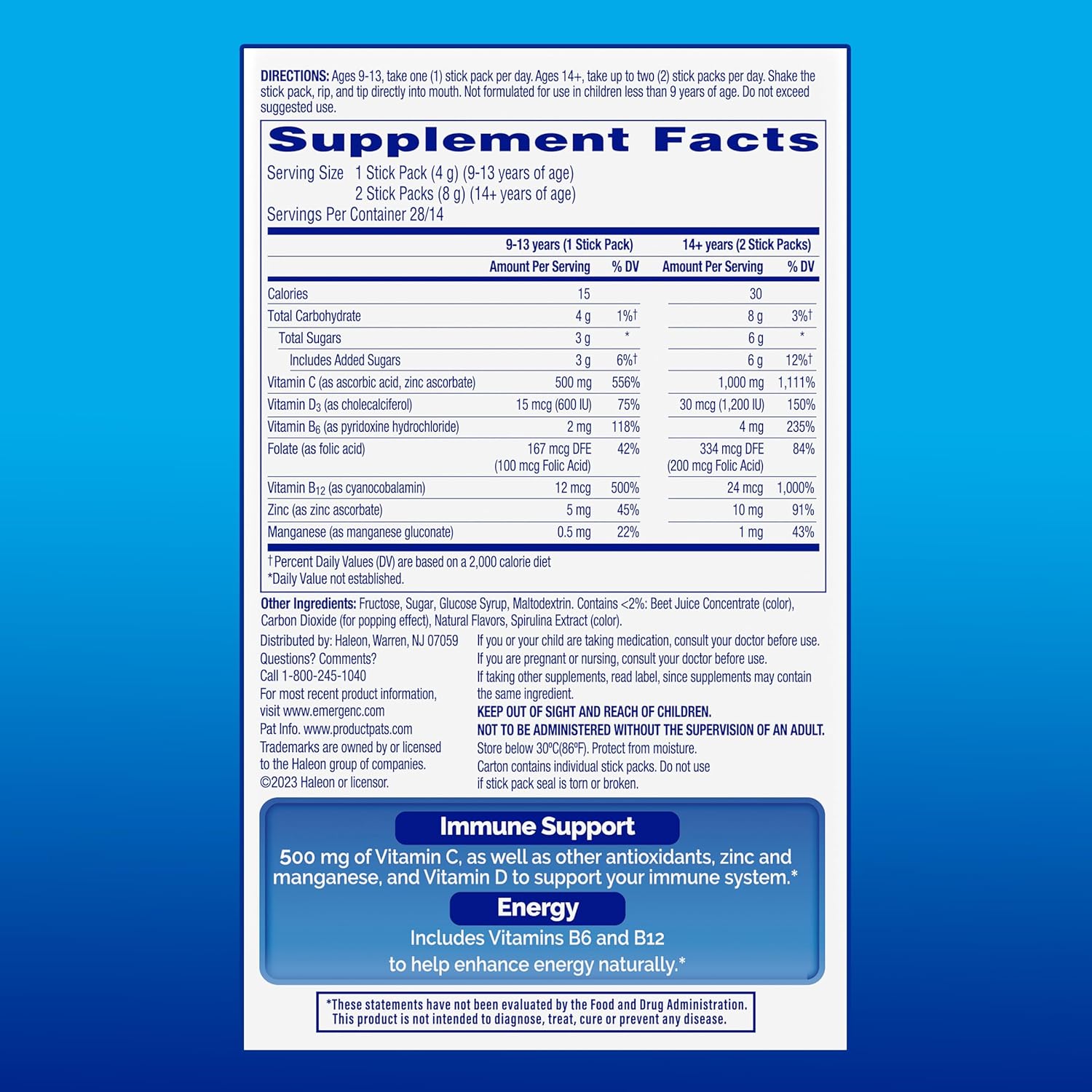 Emergen-C Immune Plus Crystals, On-The-Go Immune Support Supplement with Vitamin C, Vitamin D, B Vitamins, Zinc and Manganese, Berry Lemonade, Back to School Essentials - 28 Stick Packs