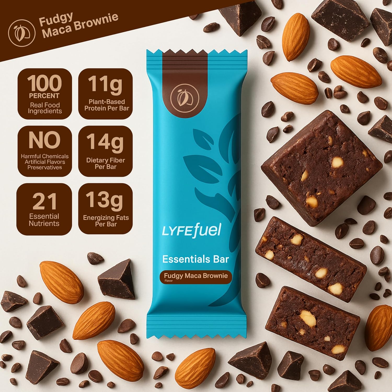 Meal Replacement Bar by LyfeFuel - Vegan Protein Bar Packed with Organic Superfoods, Fiber & 21 Essential Nutrients from 100% Plant Based Whole Foods (Fudgy Brownie - Box of 10) Gluten Free, Paleo