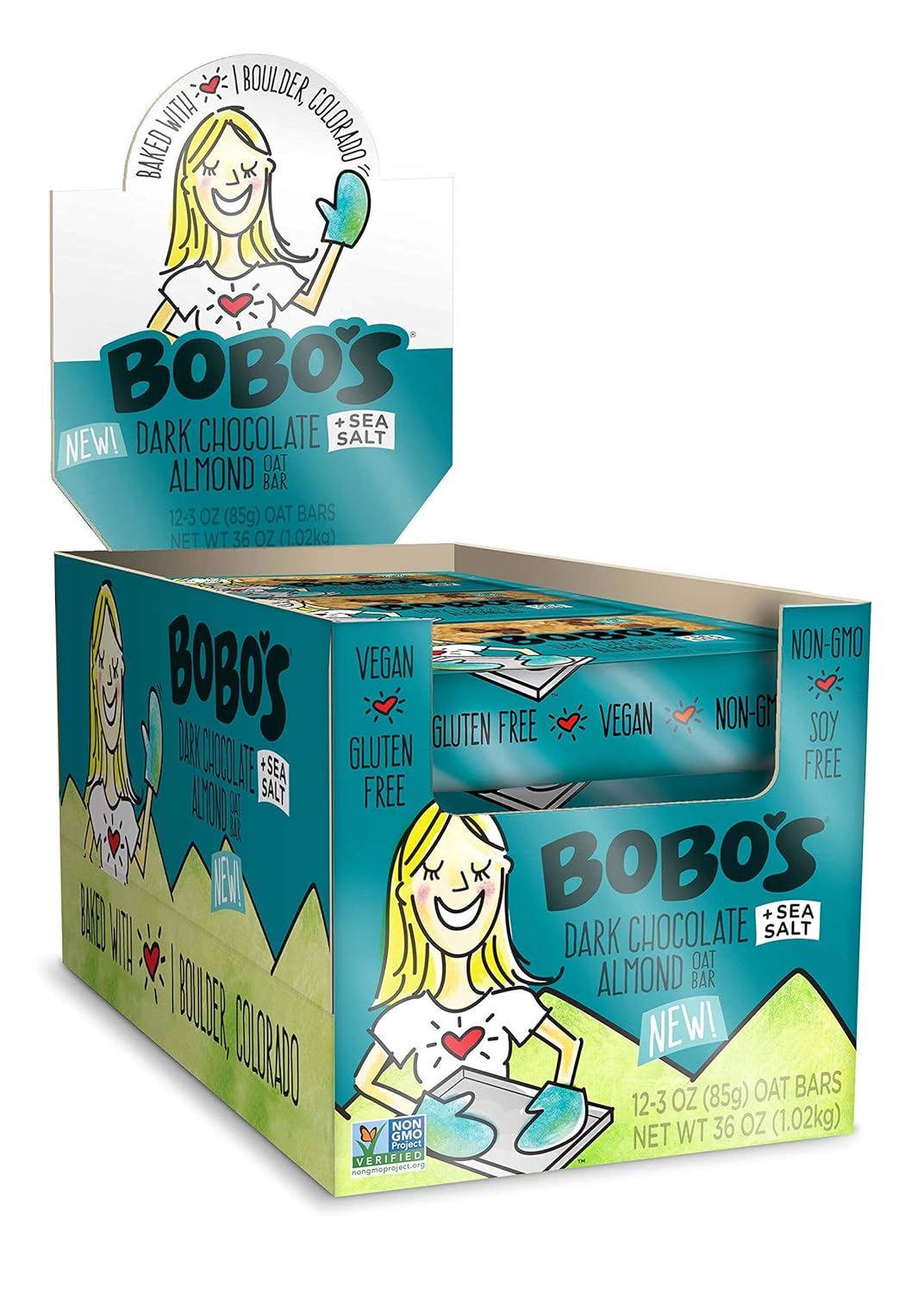 Bobo's Dark Chocolate Almond Sea Salt Oat Bars, Gluten Free, Non-GMO, Whole Grain Oats, Pack of 12 | Snack Bars | On-the-Go | Made with Simple Ingredients