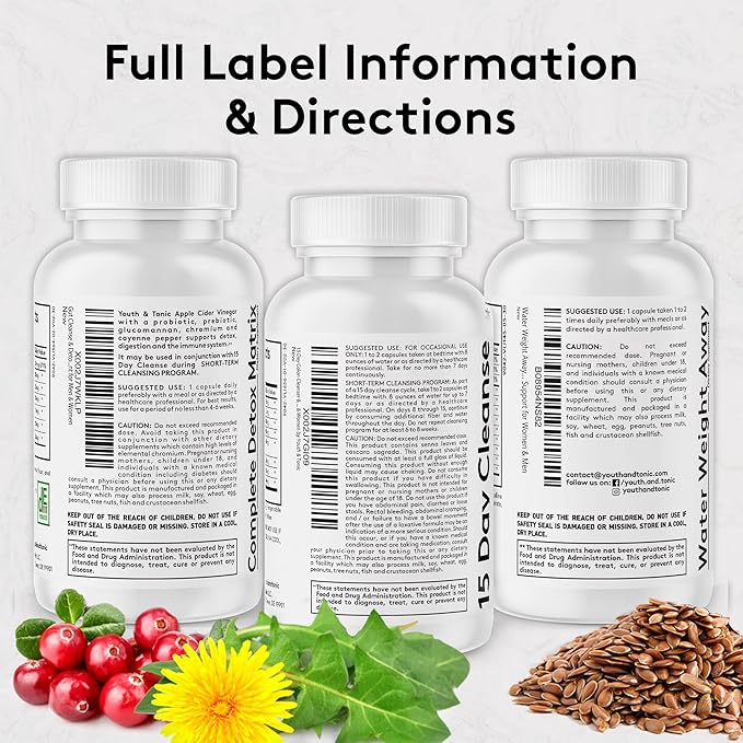 Youth & Tonic 3PK Detox Cleanse Kick Off Weight Management & Bloating Support – 15 Day Colon & Gut Cleanse, Water Weight Away & Detox Matrix Complex – 90 Pills