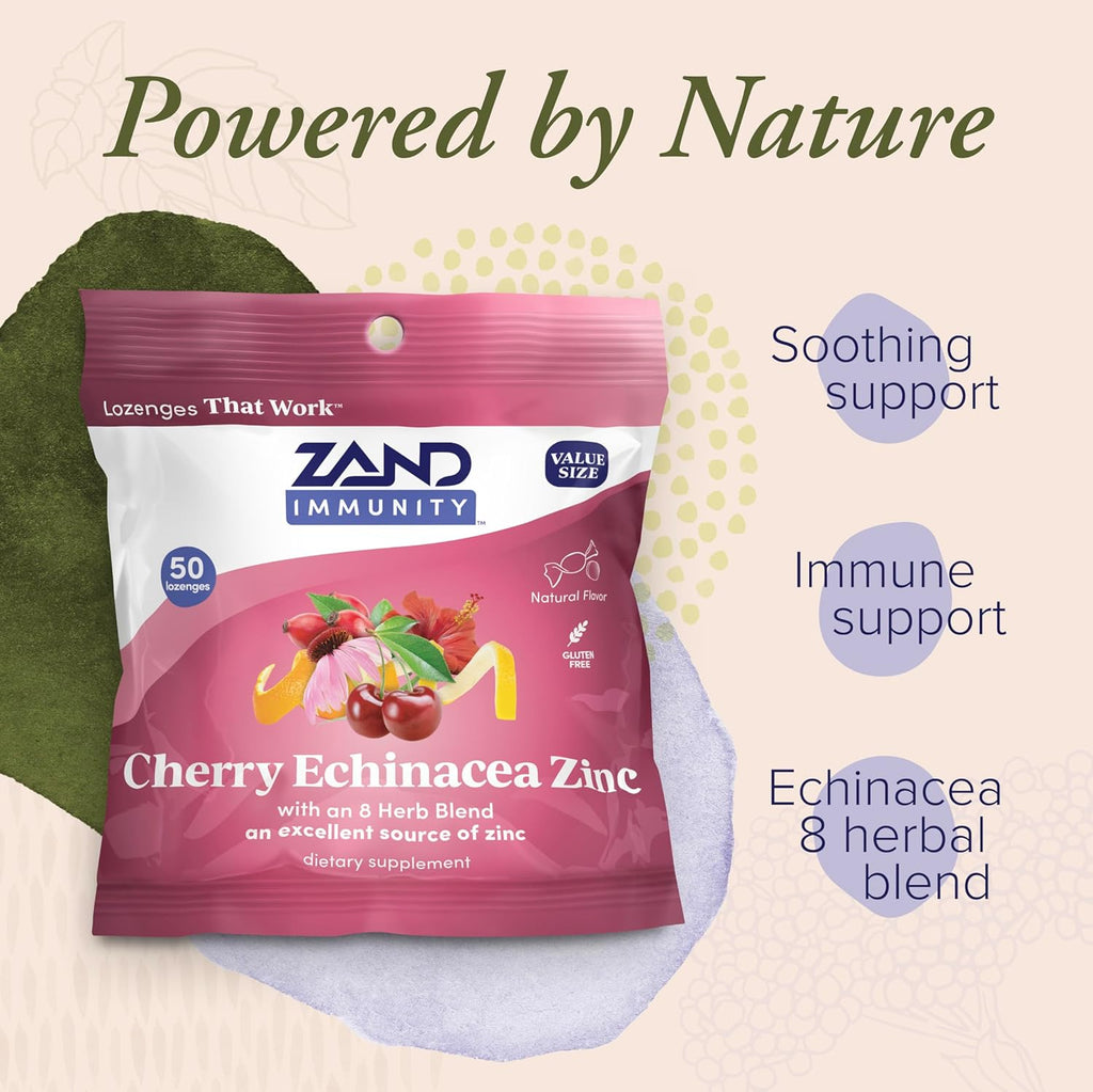 ZAND Immunity Cherry Echinacea Zinc Throat Lozenges 2 Pack - Good-for-You Dry Mouth Lozenges - Immune Support Supplement with Zinc 5mg - Soothe a Dry Throat - Natural Flavor, Gluten Free, 50ct ea