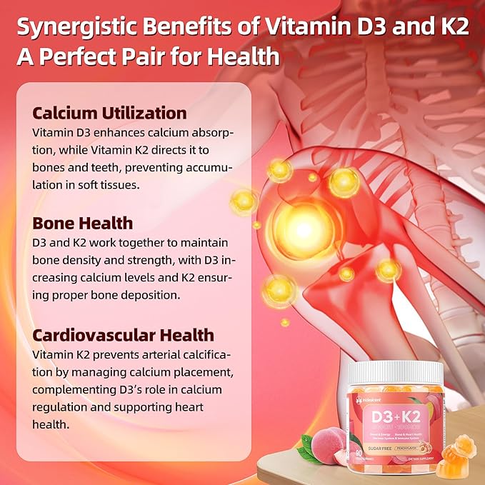 Vitamin D3 K2 Gummies w/Magnesium Sugar Free - 90 Count | D3 Vitamin 5,000 IU + K2(MK-7) 100 mcg - Vegan K2 D3 Vitamin Supplement, Highly Absorbent Supports Bone, Muscle, Mood & Immune(Peach Flavor)