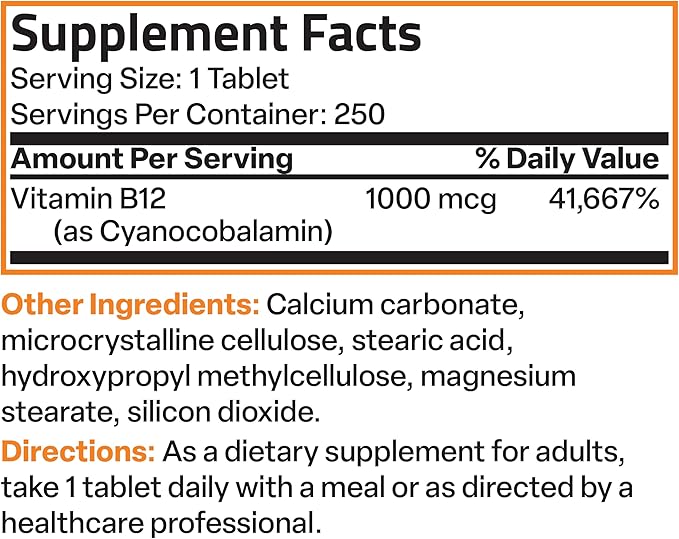 Bronson Vitamin B12 1000 mcg Sustained Release Premium Non GMO Tablets Supports Nervous System, Healthy Brain Function and Energy Production, 250 Count
