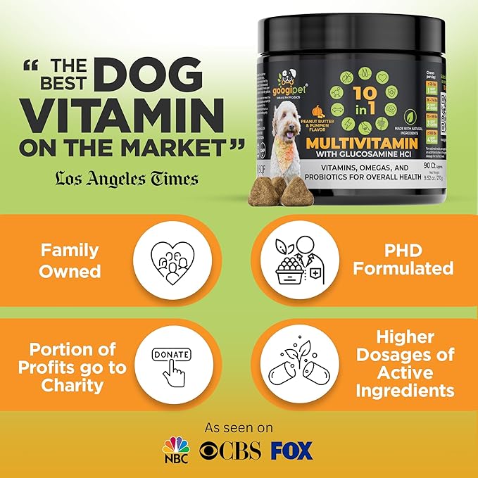 Googipet Premium Dog Multivitamin Chewable, Dog Vitamins and Supplements, Puppy Vitamins & Senior Dogs Probiotics for Gut Health + Vitamin C, Glucosamine for Dogs Joint Support (PB & Pumpkin Flavor)