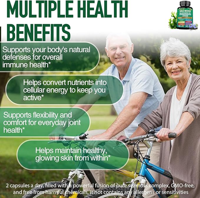 Sea Moss Black Seed Oil Ashwagandha Ginger, Organic Sea Moss Capsules with Burdock Root, Bladderwrack, Advanced Multimineral Supplement（90 Count）