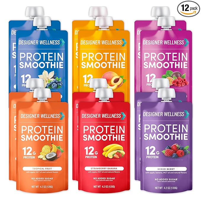 Designer Wellness Protein Smoothie, Real Fruit, 12g Protein, Low Carb, Zero Added Sugar, Gluten-Free, Non-GMO, No Artificial Colors or Flavors, Mix Variety, 12 Count