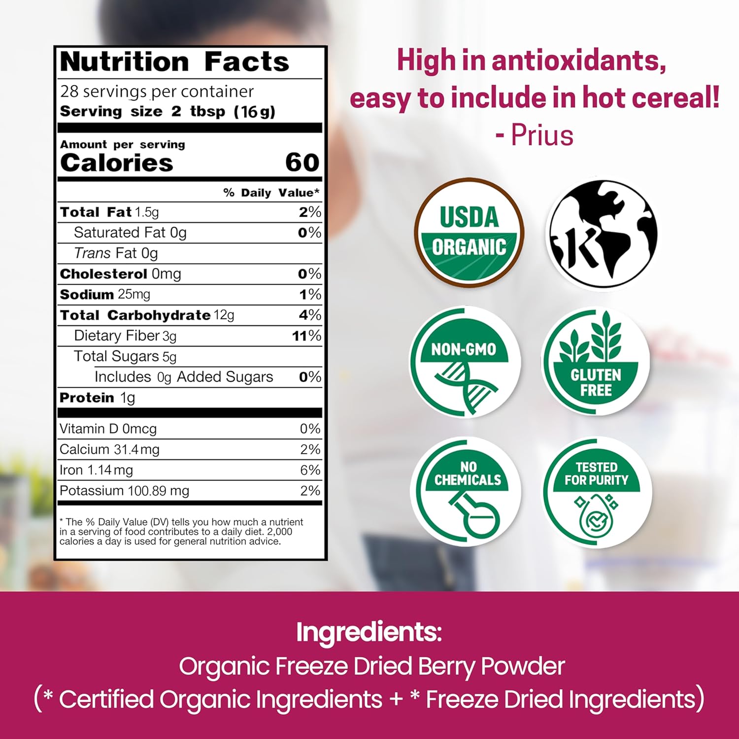 Z Natural Foods Super 8 Berry Blend - Organic Freeze Dried Berry Powder, Fruit Superfood Powder - Delicious Powdered Fruit Berry, Antioxidant Powder for Smoothies, Yogurts, Healthy Drink Mix, 1 lb