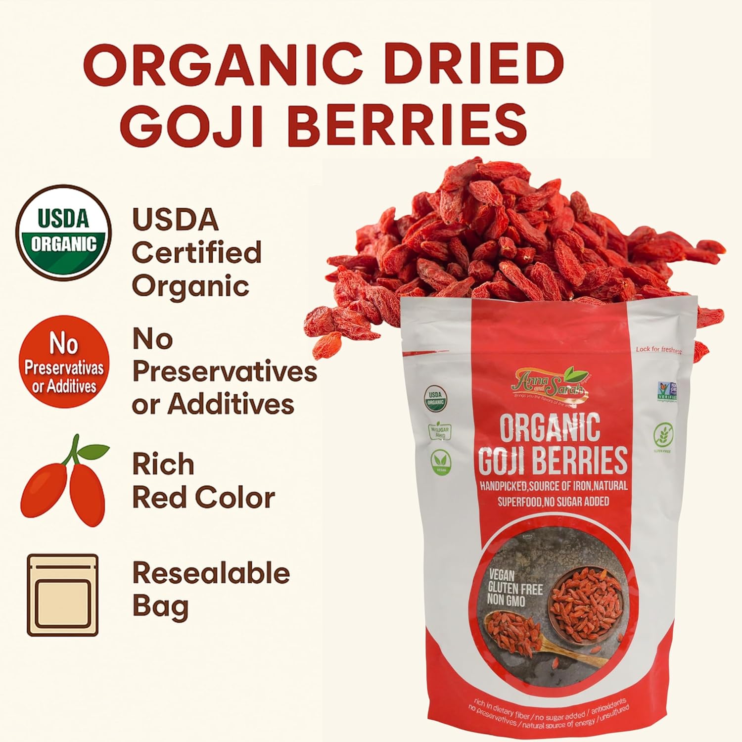 Anna and Sarah Organic Dried Goji Berries, 2 Lbs in Resealable Bag