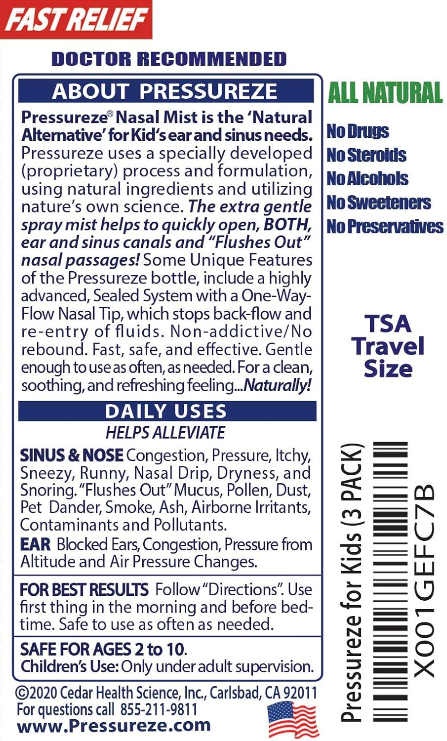 Pressureze All Natural Preservative-Free Sterile Nasal Spray for Children - Fast Relief Nasal Spray - for Sinus Allergies & Congestion |130 Sprays, 18 ml (Pack of 3)