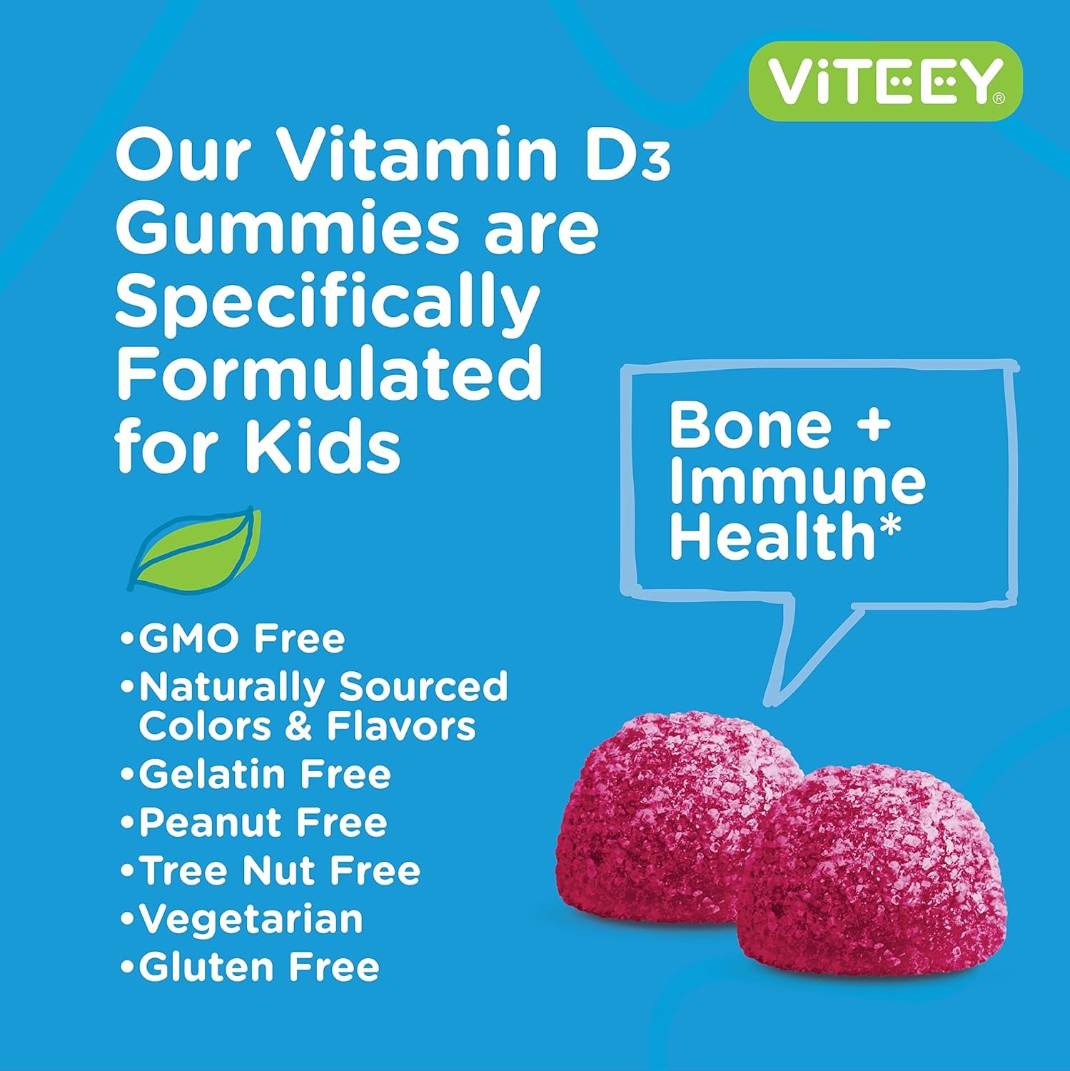 Viteey Vitamin D3 Kids Gummies 25mcg 1000 IU - Bone Health, Immune Health, Joint Muscle Support - Vegetarian, Gelatin Free, Gluten Free, GMO Free - Tasty Chewable Berry Flavored