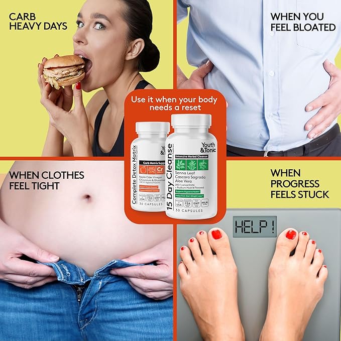 Youth & Tonic 15 Day Cleanse & Carb Matrix Support for Bloating & Metabolism, Intensive Herbal Colon Cleanser & Gut Detox for Digestive Reset with Senna, Glucomannan & Chromium, 60 Pills