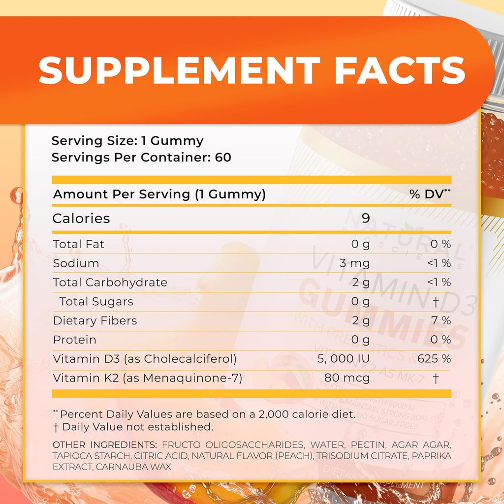 Sugar Free Vitamin D3 K2 Gummies - Vitamin D3 Gummies 5000 IU+K2 MK7 80 mcg, K2 D3 Vitamin Supplement Adults, Vitamin D K2 for Bones, Immune, Heart, Mood, Gluten-Free, Non-GMO, Natural Peach Flavor