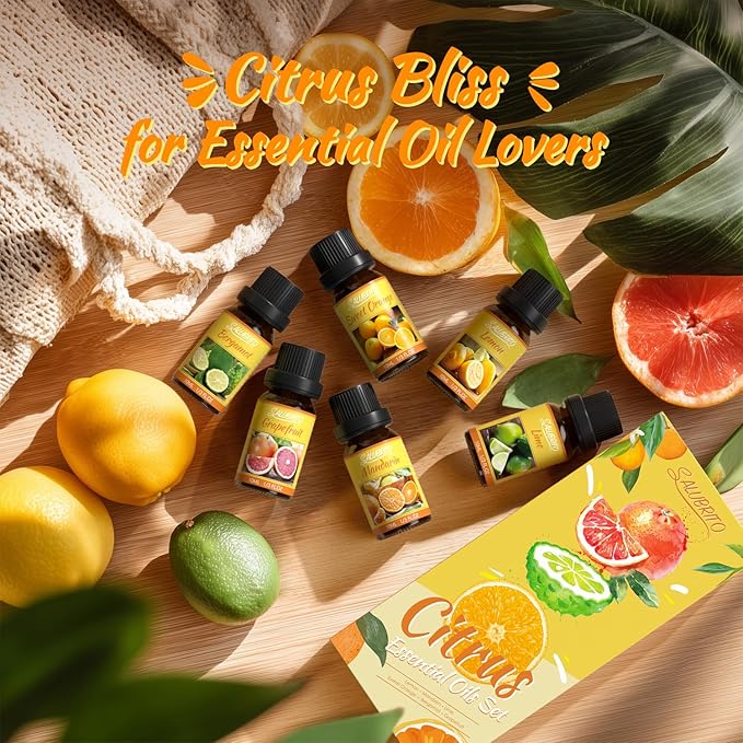 Salubrito Citrus Essential Oils Set for Diffuser, Fragrance Oil | Sweet Orange, Bergamot, Lemon, Grapefruit, Mandarin Orange, Lime Scented Oil for Soap Making, Candle Making
