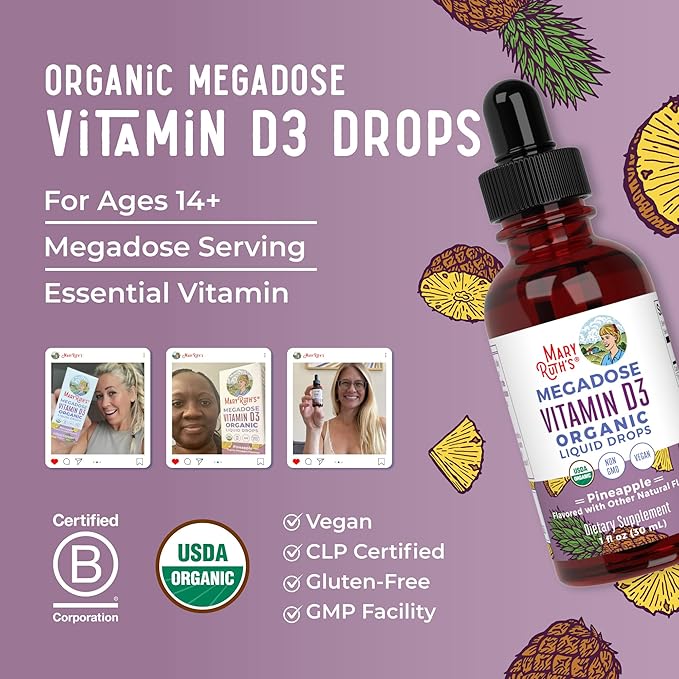 MaryRuth Organics Vitamin D3 Liquid Drops | Megadose 4000 IU | USDA Organic Liquid Vitamin D Spray for Adults & Kids | Immune Support & Bone Health | Vegan | Gluten Free | Non-GMO | 30 Servings