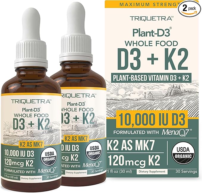 Organic Plant D3 + K2 - 10,000 iu - All-Trans MK7 from MenaQ7 (120 mcg K2)100% Organic & Plant-Based Sublingual D3 Drops (Cholecalciferol), 100% Vegan - Supports Immunity, Bone, Mood & Brain (2 Pack)