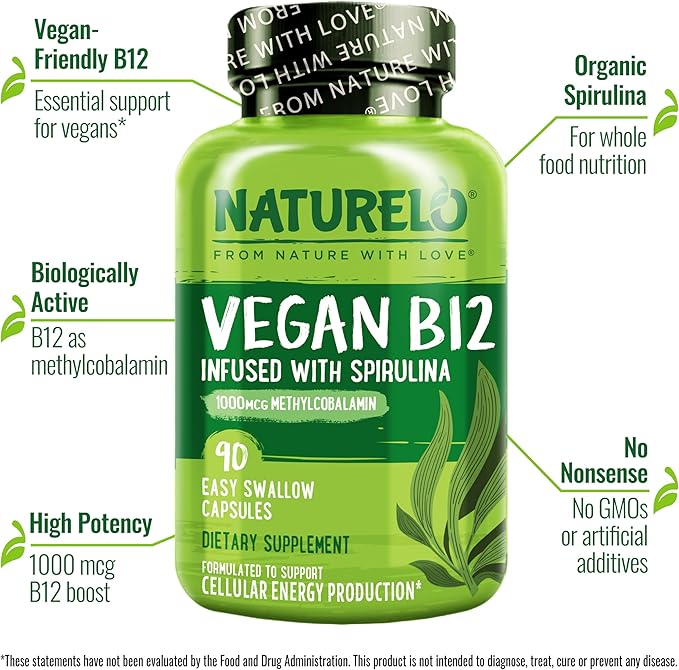 NATURELO Vegan B12 - Methyl B12 with Organic Spirulina - High Potency Vitamin B12 1000 mcg Methylcobalamin - Supports Healthy Mood, Energy, Heart & Eye Health - 90 Capsules