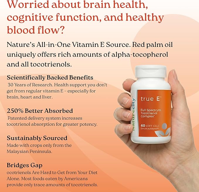NatureCity True-E Full Spectrum Tocotrienols Vitamin E & Natural Alpha Tocopherol Supplement | Sustainable Vitamin E Tocotrienols from Evnol Suprabio | Non-GMO Vitamin E Complex | 60 Soft gels