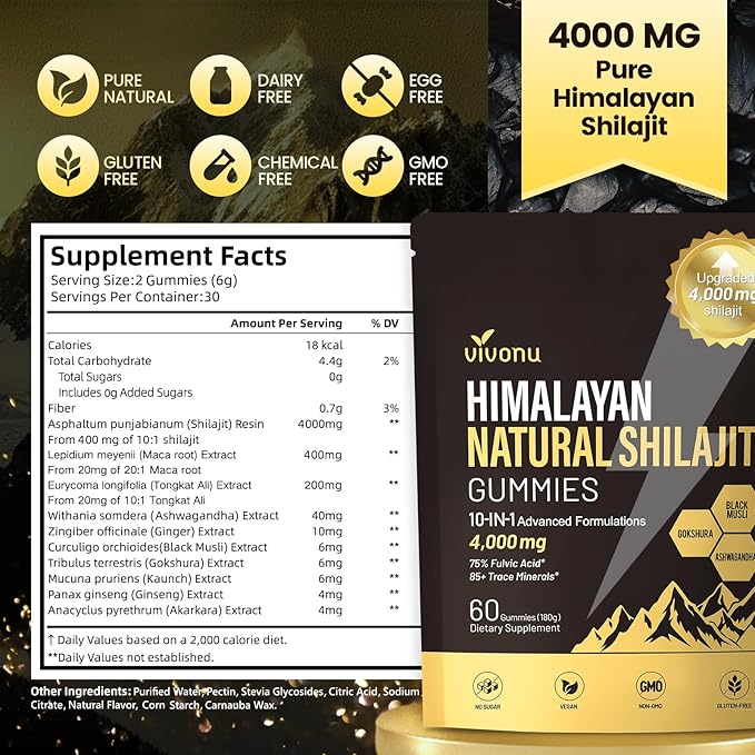 Shilajit Gummies, Shilajit for Men & Women | 4000mg High Potency 10-in-1 Formula with Pure Himalayan Shilajit, Ashwagandha, and 75% Fulvic Acid | Sugar-Free Vegan, 85+ Trace Minerals