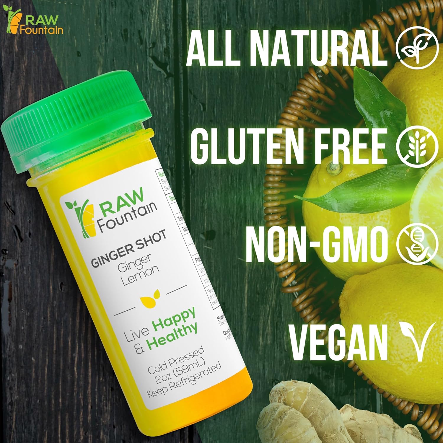 20 Ginger Shots with Lemon 2fl Oz, Vitamin C, Raw and Cold Pressed, Unpasteurized, Boosts Immunity, All Natural, No Artificial Flavors or Preservatives