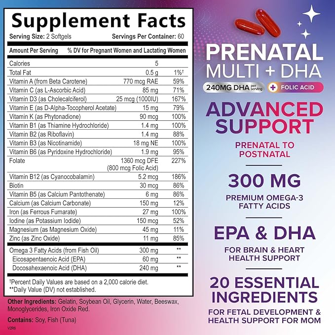Prenatal Vitamins for Women with Folic Acid + Omega 3 DHA for Fetal Brain Development, Best Prenatal Vitamin Supplement, Daily Pregnancy Multivitamin Nutritional Support, Non-GMO - 120 Softgels