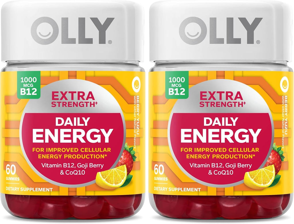 OLLY Extra Strength Daily Energy Gummy, Caffeine Free, 1000mcg Vitamin B12, CoQ10, Goji Berry, Adult Chewable Supplement, Berry Yuzu Flavor - 60 Count (Pack of 2)