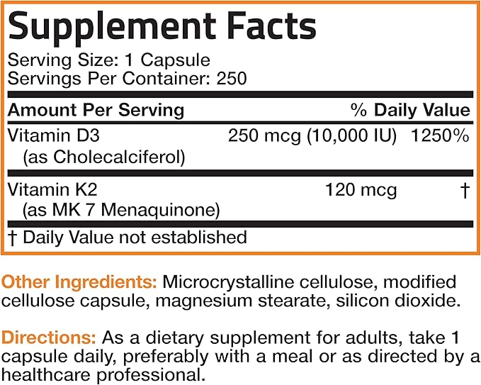Bronson Vitamin K2 (MK7) with D3 Extra Strength Supplement Bone and Heart Health Non-GMO Formula 10,000 IU Vitamin D3 & 120 mcg Vitamin K2 MK-7 Easy to Swallow Vitamin D & K, 250 Capsules