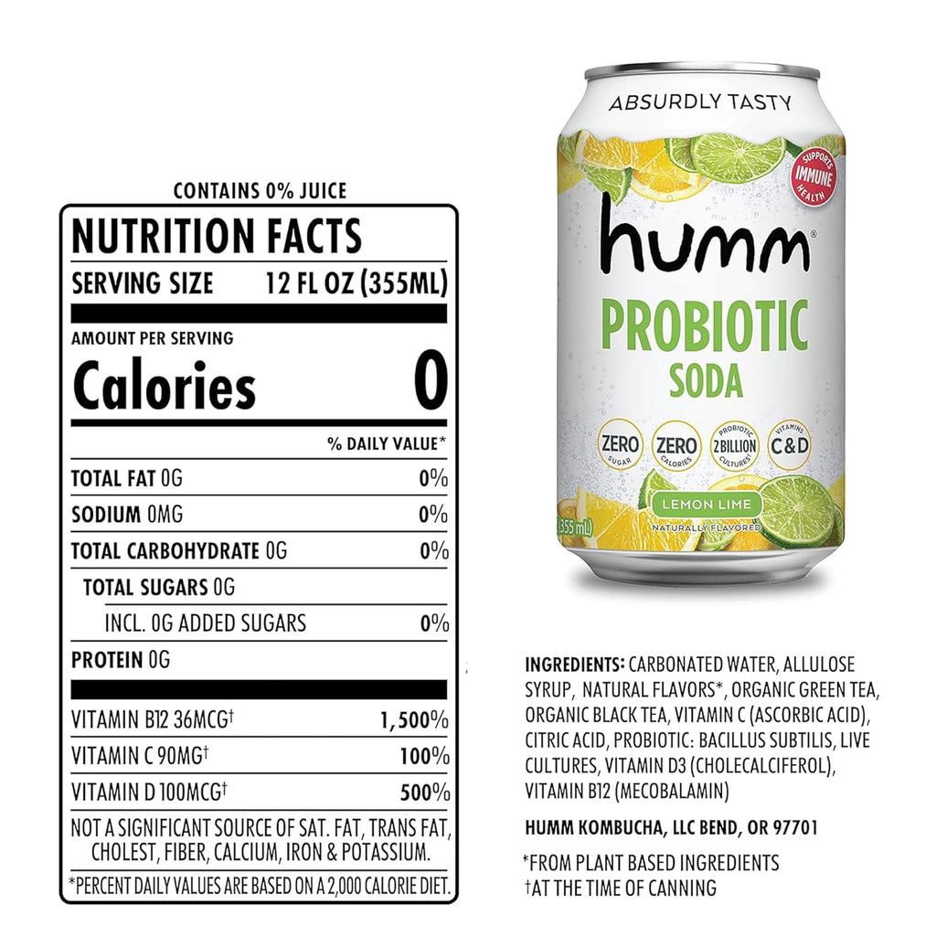Humm Sparkling Probiotic Lemon Lime Soda, Zero Sugar, Zero Calorie, 2 Billion Probiotics, Vitamin C, D, and B12, 12 fl oz (Pack of 12)