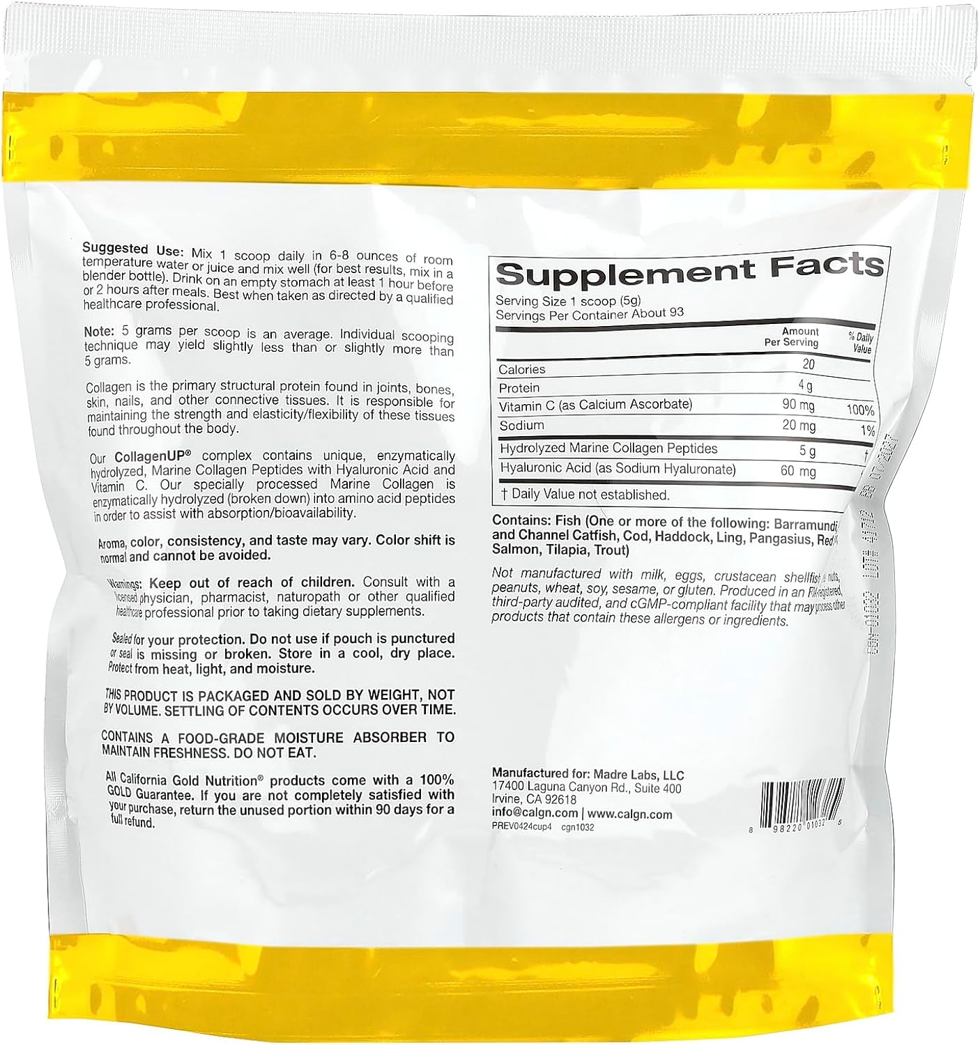 California Gold Nutrition CollagenUP®, Hydrolyzed Marine Collagen Peptides with Hyaluronic Acid and Vitamin C, Unflavored, 1.02 lb (464 g)