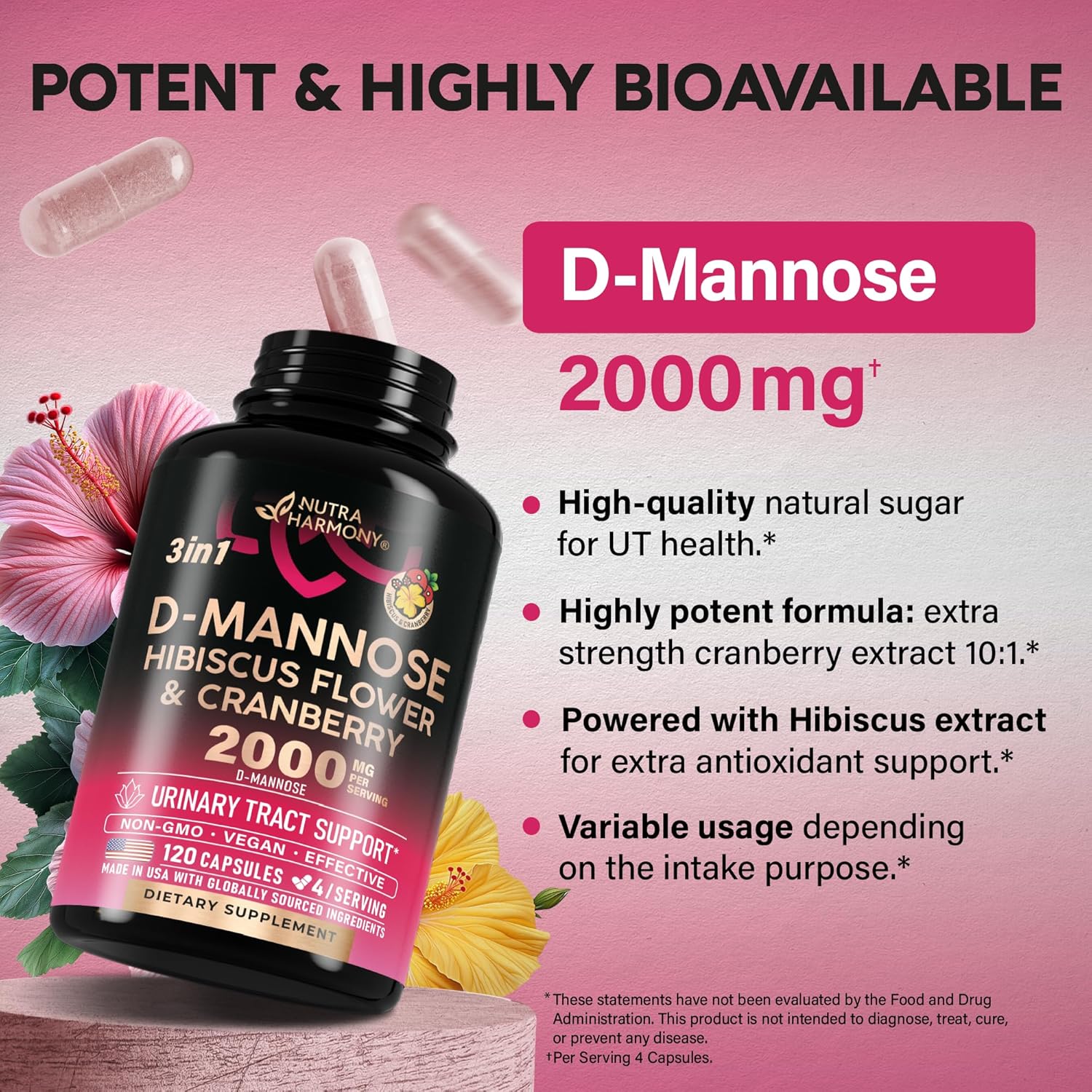 D-Mannose 2000mg with Cranberry & Hibiscus - Clinically Tested Strength for Urinary Tract Health - Supplement for Women - Bladder, Liver & Microflora Support - Made in USA - Vegan, 120 Capsules