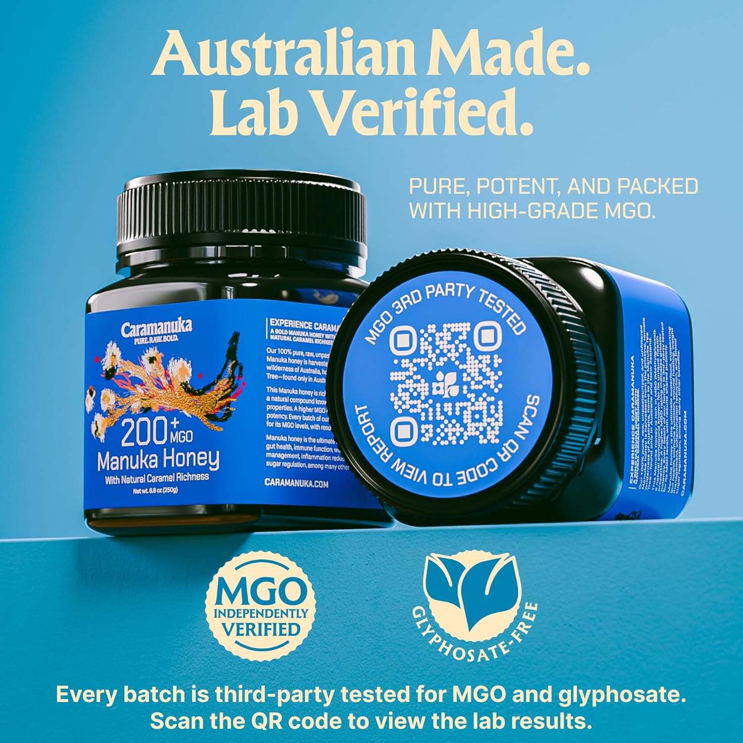 Caramanuka Manuka Honey MGO 200 – 100% Raw & Unfiltered Australian Honey, Independently Lab-Tested for MGO & Glyphosate, Bold Caramel-Like Flavor, 8.8 oz (250g)