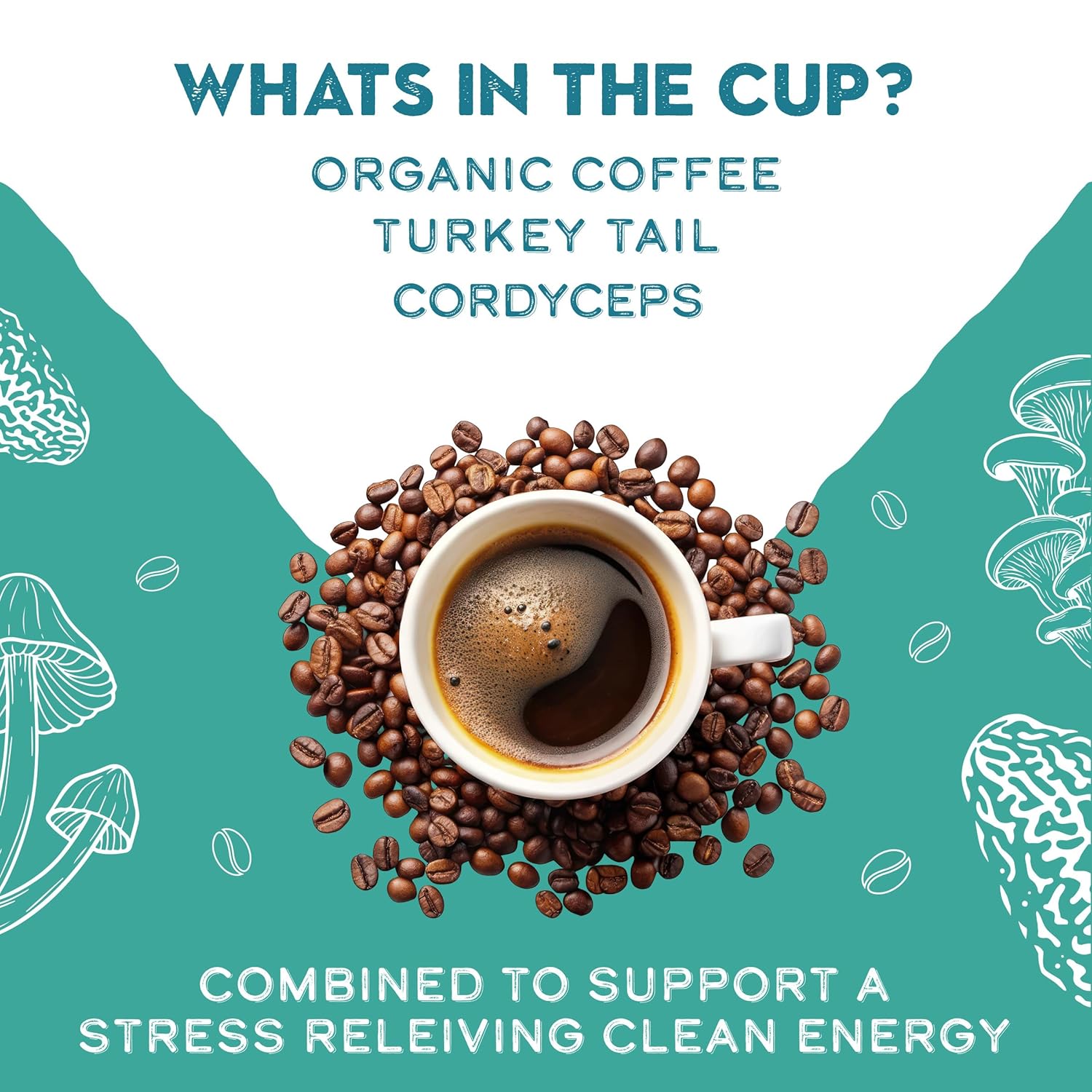 Organic Turkey Tail & Cordyceps Mushroom Coffee Dark Roast, Full Fruiting Body, Antioxidants, Immune System support, overall wellness | Grade 1 Single Origin Peruvian | 12oz - Ground