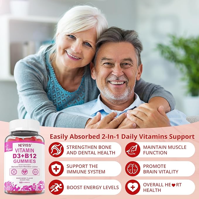 NEVISS 2Pack Vegan Vitamin D3 + Vitamin B12 Gummies, High Potency D3 5000IU & 1000 mcg Methylated B12, Vitamin D3 and B12 for Adults, Support Bone Health, Immune & Energy Supplement, 120 Count