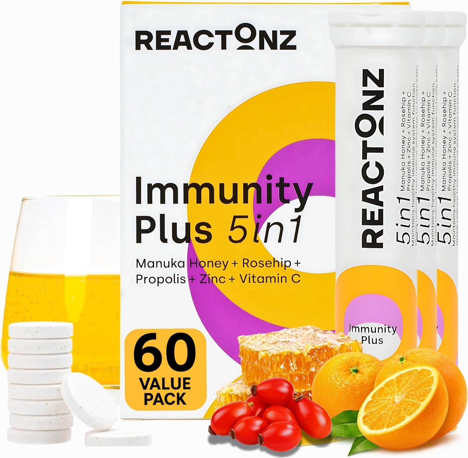 5 in 1 Immunity Plus – Immune Support & Antioxidant Supplement – Vitamin C, Zinc, Manuka Honey, Rosehip & Propolis – Natural Zesty Orange Flavor – 60 Day Supply Effervescent Tablets