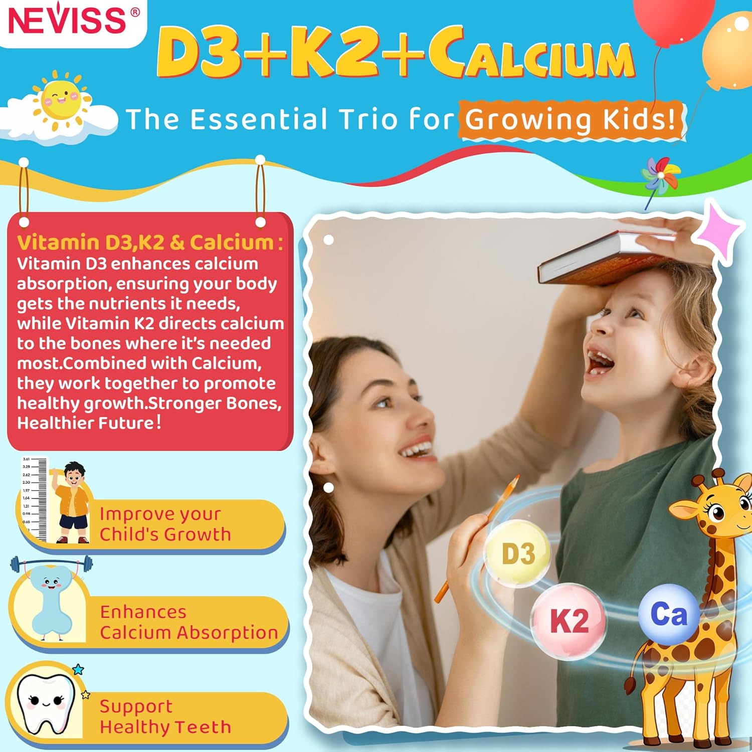 Vitamin D3 K2 Gummies for Kids + Calcium, Magnesium, Zinc, Phosphorus, Vitamin C, Kids Multivitamin D3 & K2 Supplement for Bone Health, Calcium Absorption, Focus & Immunity, Non GMO, Sugar Free, 2Pack