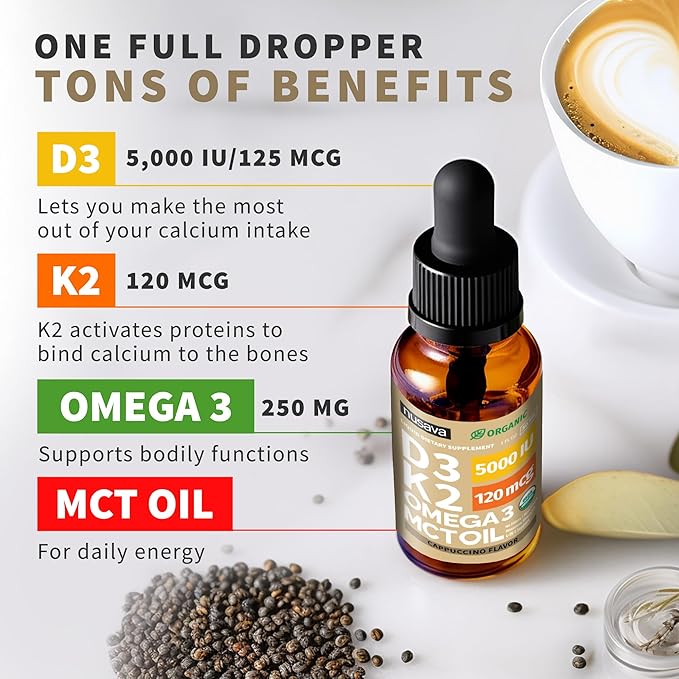 (2 Pack) Organic Vitamin D3 K2 Drops with MCT Oil Omega 3, 5000 IU, Maximum Strength Vitamin D Liquid, No Fillers, Non-GMO Liquid D3 for Faster Absorption, Immune Support (Cappuccino Flavor, 2 Fl Oz)