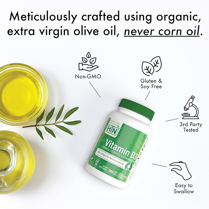 Health Thru Nutrition Vitamin D3 10,000iu 360 Mini Softgels for Maximum Benefit Year Supply | 250mcg Cholecalciferol | 3rd Party Tested | Non-GMO USP Grade in Organic EVOO | Immune Health Support