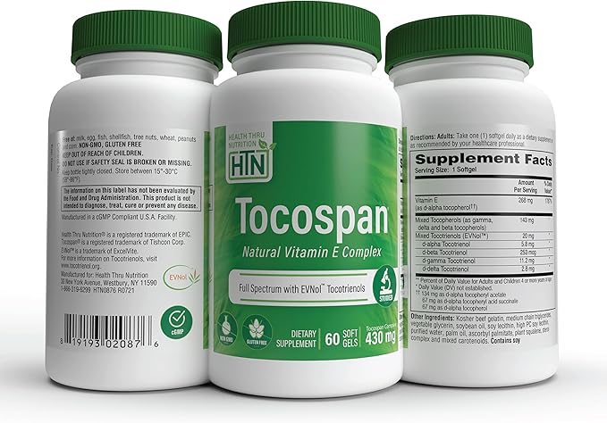 Health Thru Nutrition Tocospan Full Spectrum Vitamin-E 430 mg with EVNol Tocotrienols | All 8 Natural Vitamin E Sources | Clinically Studied | Cardiovascular & Antioxidant Support (Pack of 60)