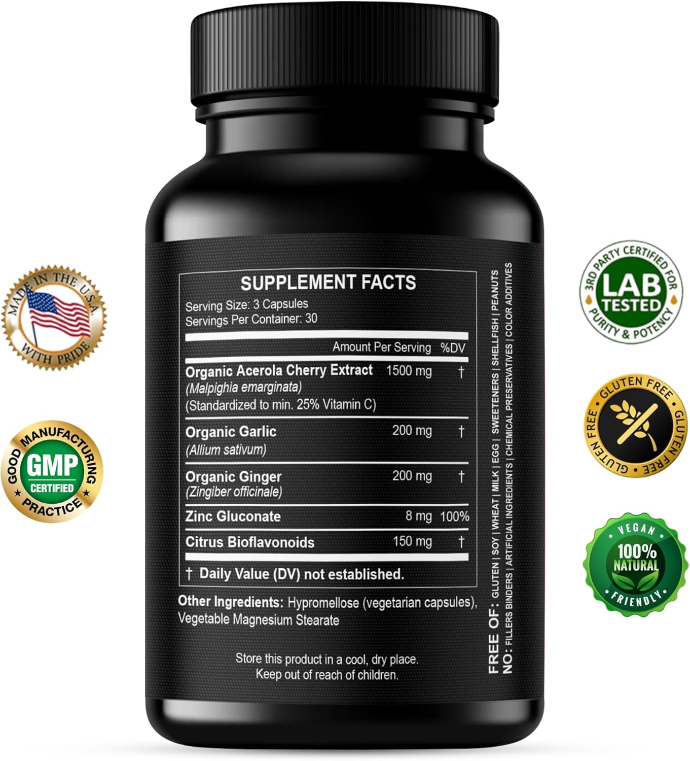 HCL HERBAL CODE LABS Natural Vitamin C from Organic Acerola Cherry - High Absorption - with Garlic Ginger & Citrus Bioflavonoids - Immune System & Collagen Booster - Anti Aging Skin Vitamins