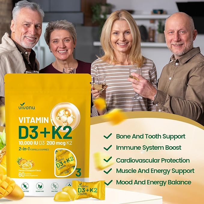 Vitamin D3 K2 Gummies, D3 10000 IU & MK7-200 mcg, 2 in 1 Vitamins D & K Complex | Vitamina D3 con K2 | Supports Calcium Absorption, Bone, Immune, & Heart Health, Easy to Carry and use (180 Gummies)