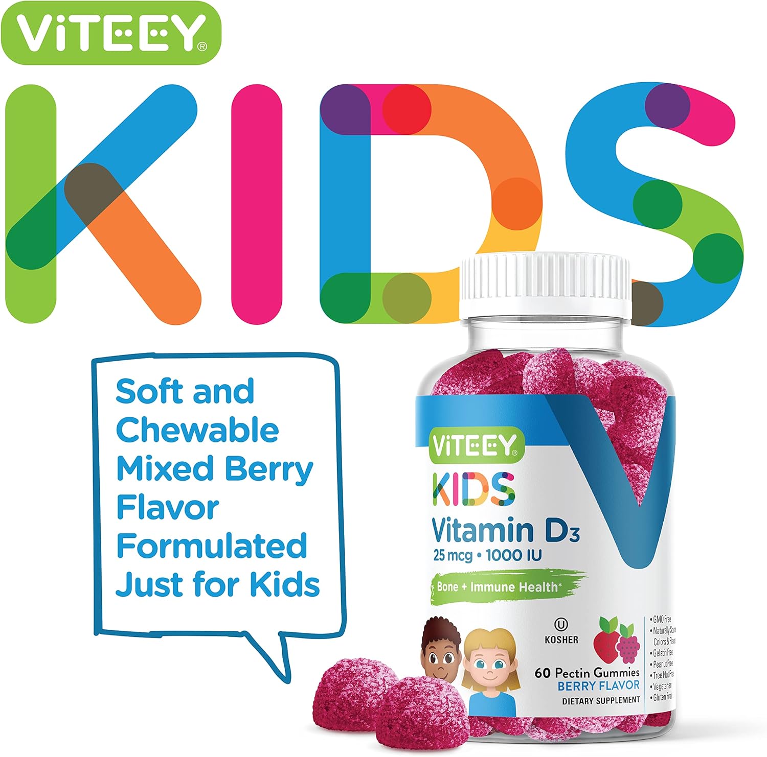 Viteey Vitamin D3 Kids Gummies 25mcg 1000 IU - Bone Health, Immune Health, Joint Muscle Support - Vegetarian, Gelatin Free, Gluten Free, GMO Free - Tasty Chewable Berry Flavored