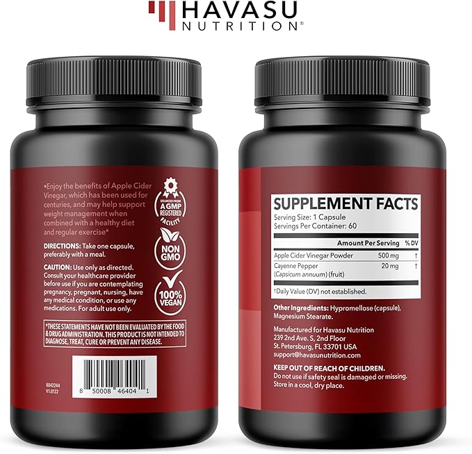 HAVASU NUTRITION Apple Cider Vinegar Capsules with 500mg Apple Cider Vinegar and 20mg Cayenne Pepper - Bloating Relief and Appetite Suppressant; Non-GMO; 60 Capsules for Men and Women