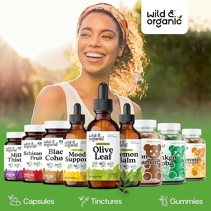 Wild & Organic Olive Leaf Extract Liquid Drops - Antioxidant & Immune Support - Oleuropein Olive Leaf Supplement - Vegan, Sugar & Alcohol-Free Drops - 2 fl oz