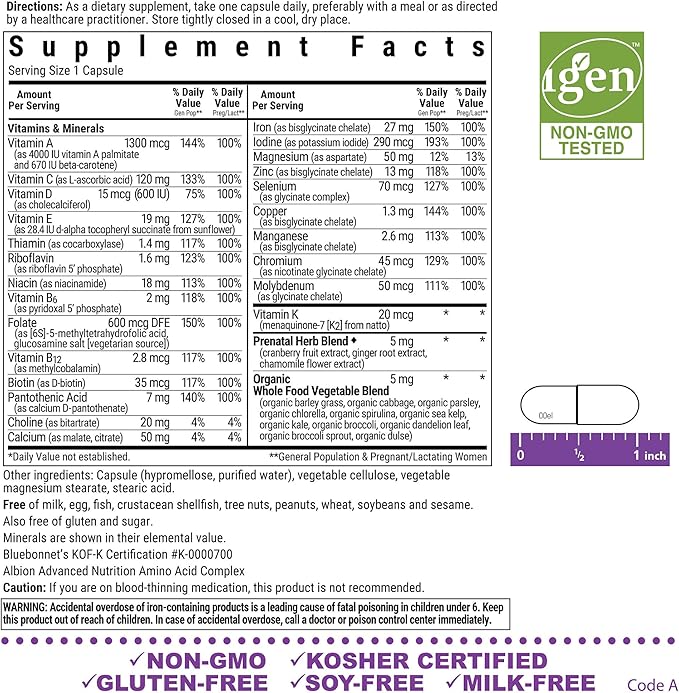 BlueBonnet Nutrition Ladies’ One Prenatal Whole Food-Based Multiple, Daily Nutrition*, Prenatal & Postnatal Health*, Non-GMO, Kosher, Gluten-Free, Soy-Free, 30 Vegetable Capsules, 30 Servings