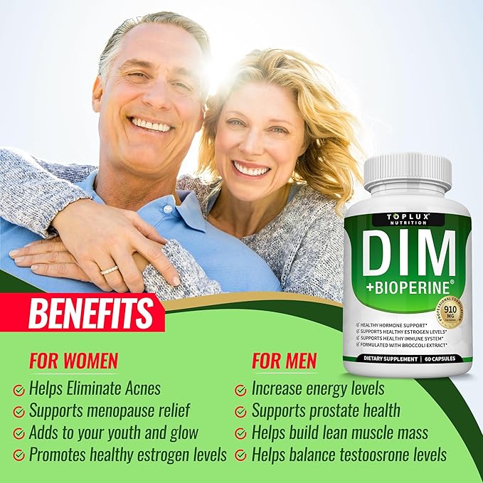 Dim Supplement 910 mg Plus BioPerine Complex - Diindolylmethane to Support Hormone Balance and Estrogen Metabolism, Helps with Menopause Acne PCOS Better Skin Bodybuilding, for Men Women, 60 Capsules