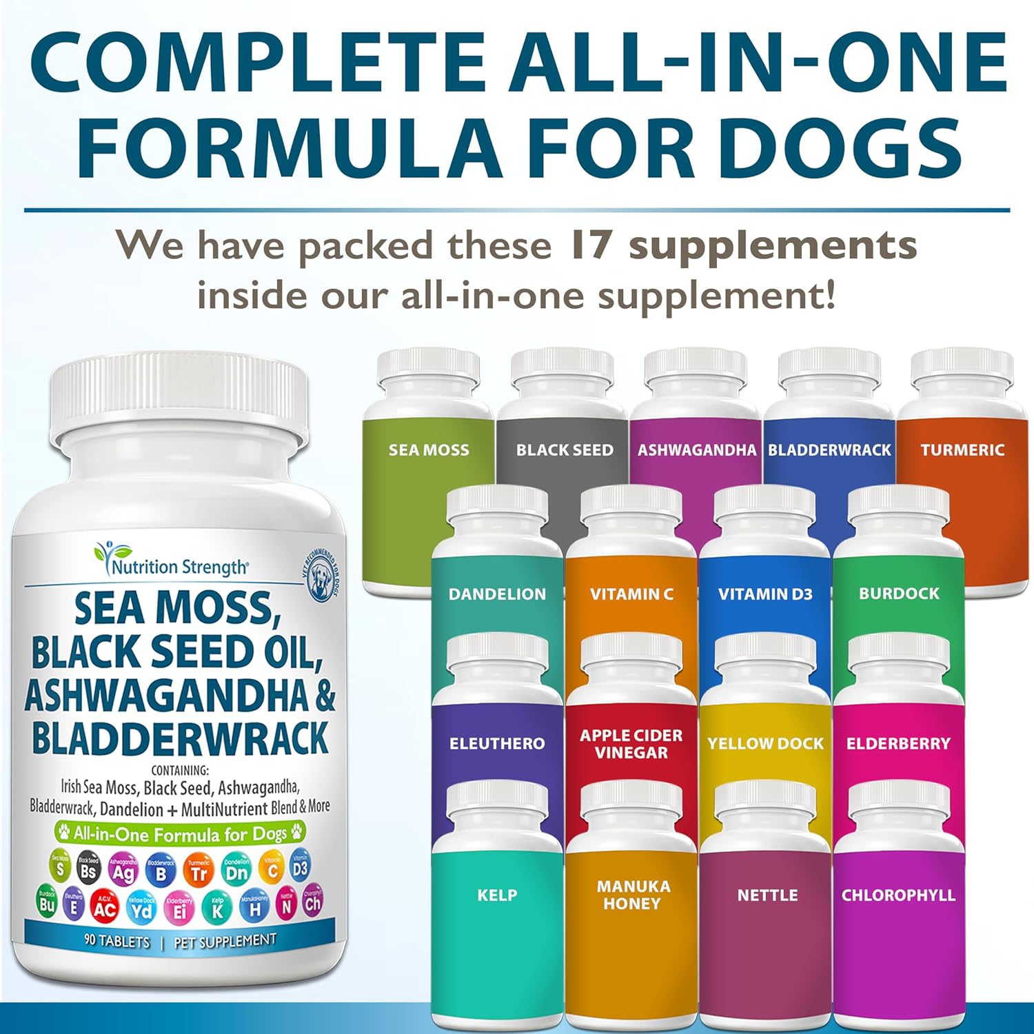 Sea Moss for Dogs 750mg Black Seed Oil 500mg Ashwagandha 250mg Turmeric 250mg Bladderwrack 250mg Dandelion 250mg & Vitamin C Vitamin D3 with Elderberry Manuka Yellow Dock 90 Tablets