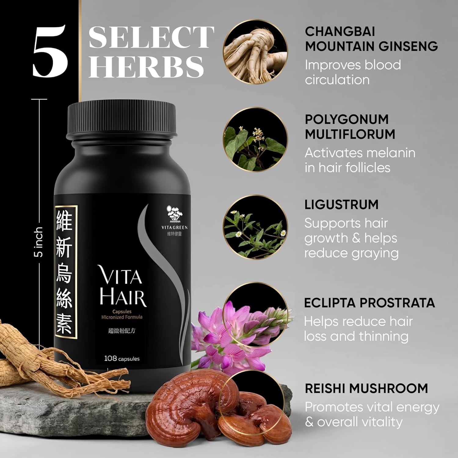 Vita Hair (Micronized Formula) Growth & Hair Loss Supplement – 100% Natural for Healthier Hair – Supports Hair Growth, Reduces Hair Loss, and Combats Graying for Men & Women – 108 Capsules