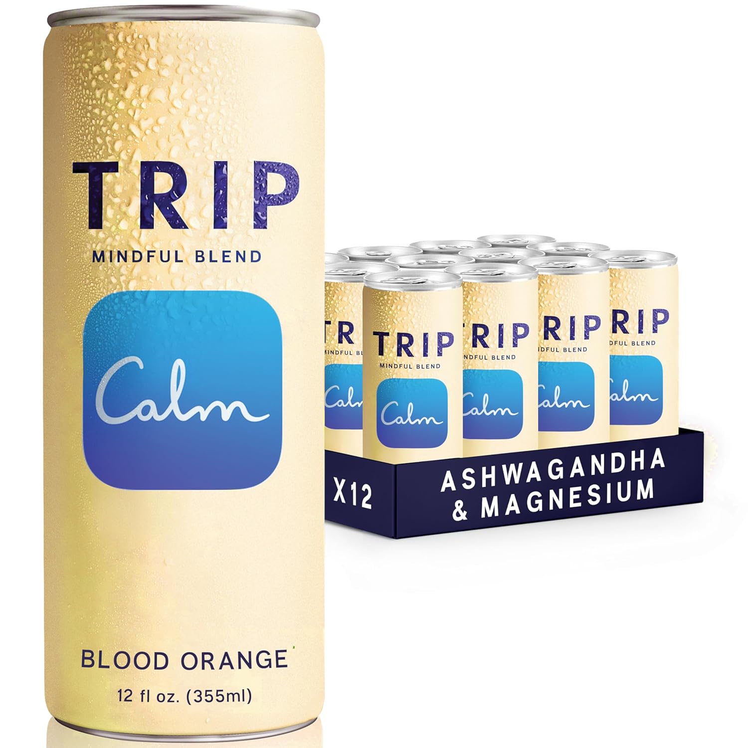 Trip Mindful Blend, Lightly Sparkling Calming Drink, 120 MG Magnesium Citrate with Ashwagandha, Lions Mane & L Theanine, No Added Sugar, Low Calorie, Vegan, Blood Orange, 12 Oz, 12Pk